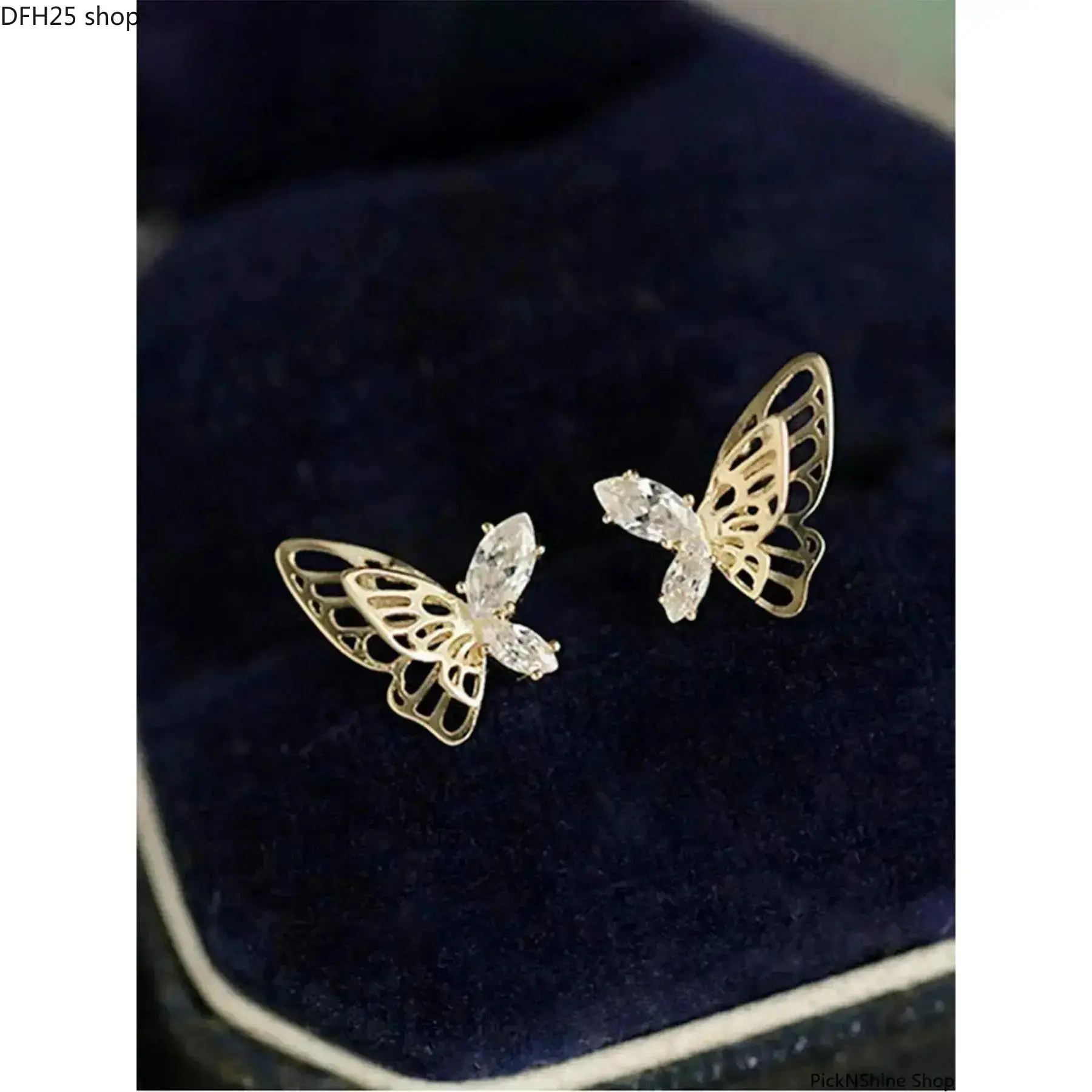 Butterfly Marquise Stud Earrings for Women, Gold Tone Openwork Crystal Jewelry with Delicate Wing Design for Daily Wear and Feminine Outfits