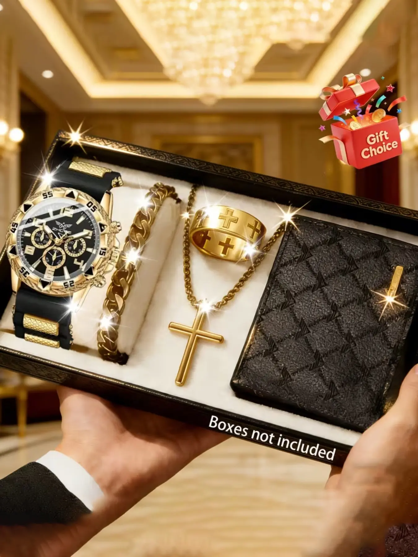 5pcs Men's Fashionable Jewellery Gift Set, Quartz Watch, Cross Pendant Jewelry, Wallet Combo, Trendy Jewelry Set, Accessory Set, Ideal Gift for Holidays, Daily Wear, Commute