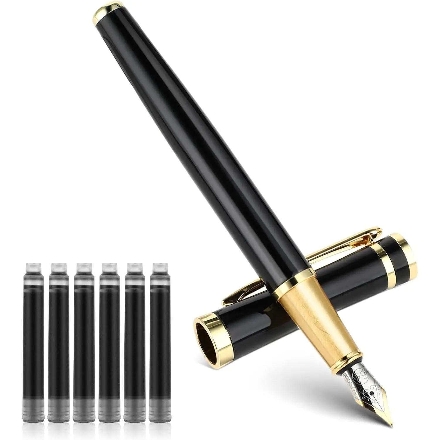 Luxury Metal Fountain Pen Set, 0.5 mm Fine Nib Fountain Pen with 6 count 2.6mm Black Ink Cartridges Smooth Writing Pen  for Men Women Business Office Journaling, 0.5 Mm Pen, Fine Nib Ink