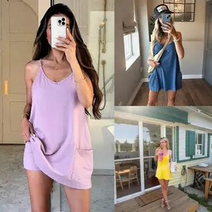 Women's Summer Sleeveless Mini Dress V Neck Spaghetti Strap Athletic Dress with Built-in Shorts Casual Sundress