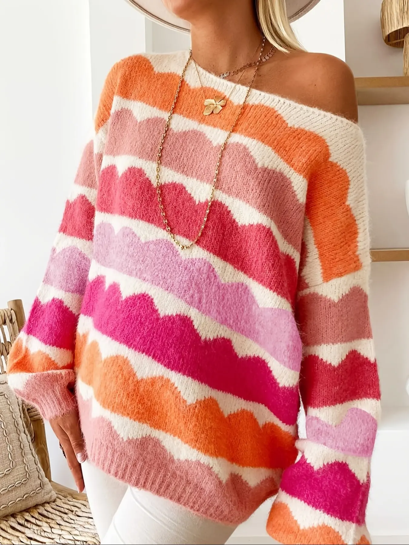 Women Off Shoulder Wavy Stripe Knit Sweater Drop Shoulder Jumper Long Sleeve Color Block Oversized Loose Casual Soft Fuzzy Knitted Pullover Top