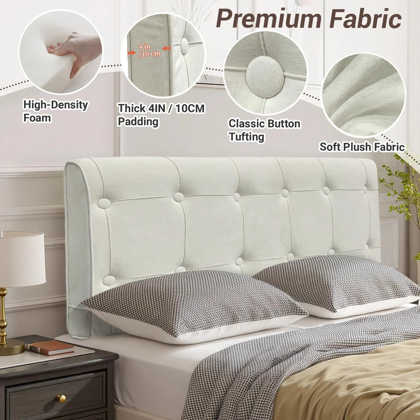 White Tufted Look Cushioned Headboard - Linen Fabric Padded Upholstered Bed Backboard with Removable Cover, Multifunctional Bedroom Use Support for Apartment & Guest Room