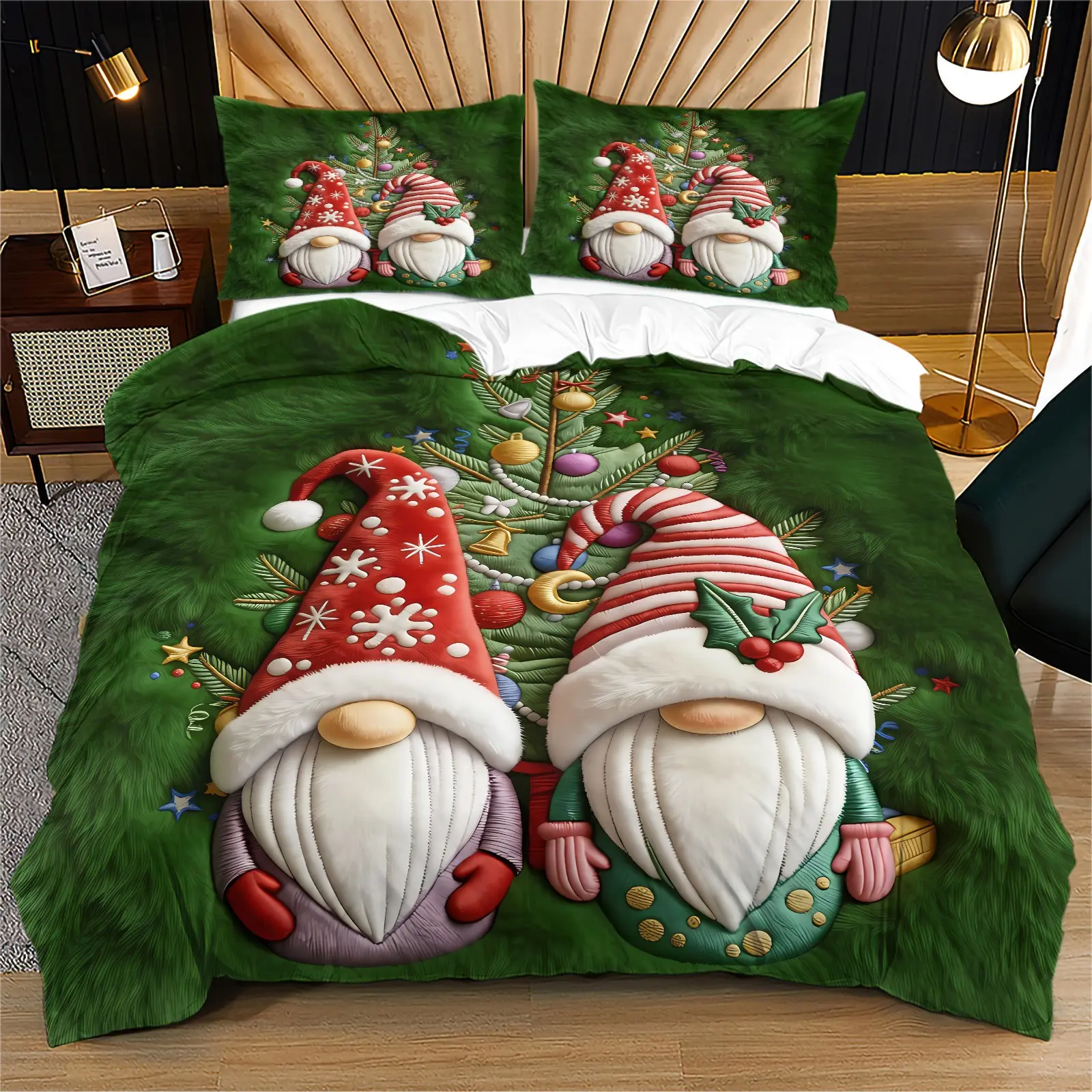 Christmas Gnomes Duvet Cover Set, 1 Duvet Cover & 1/2 Pillowcases, Xmas Tree Gonk Bedding, Holiday Bedroom Decor