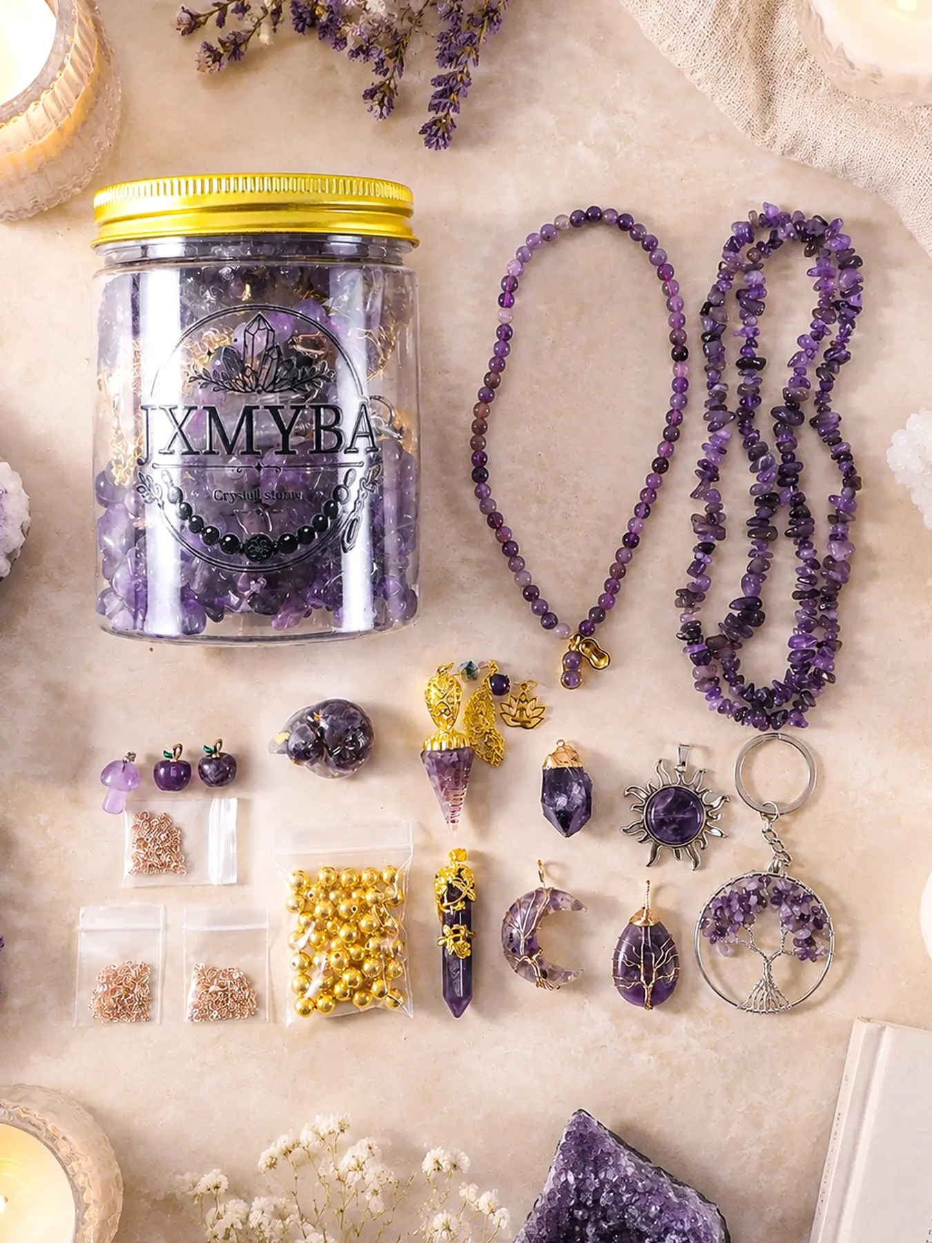 Amethyst Crystal Jewelry Jar Set | Curated Vintage Ornaments pendant ,keyrings, Necklaces & Bracelets ,DIY handmade accessories| Gift for Her,Crystal gift for yoga meditation enthusiasts, Halloween and Christmas accessories