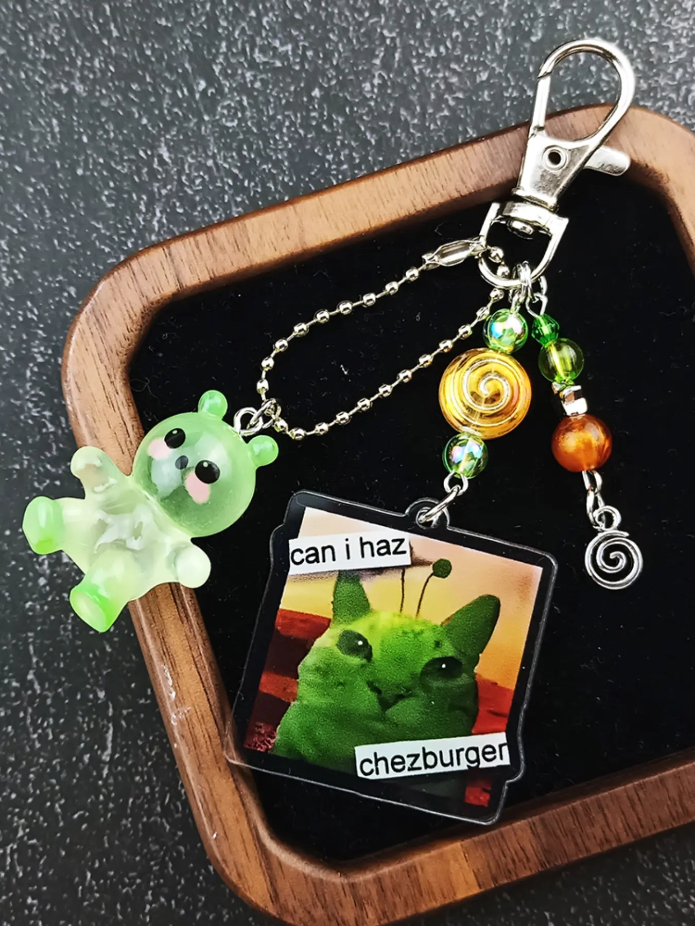 Fresh DIY Keychain, Glow-In-The-Dark Doll + Printed Tag Design, Handmade Beaded Layers, Durable Metal Clasp, Bag Accessory, Personal Item
