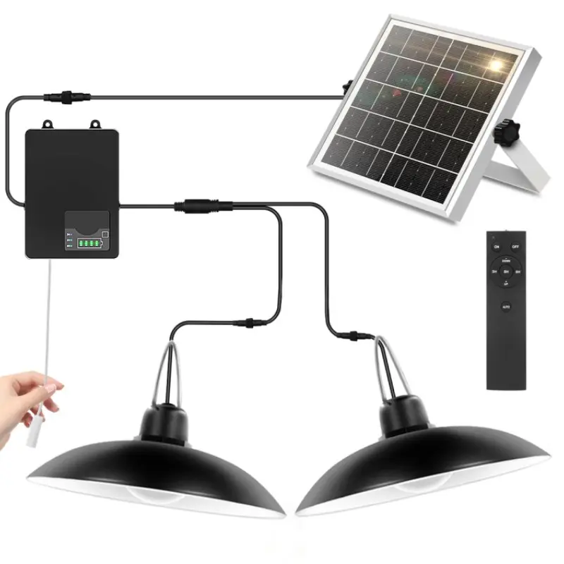 Solar Pendant Lights Upgraded Double Head With 3m Line IP65 Waterproof Solar Lamp with Remote Controll for Outdoor Shed Indoor