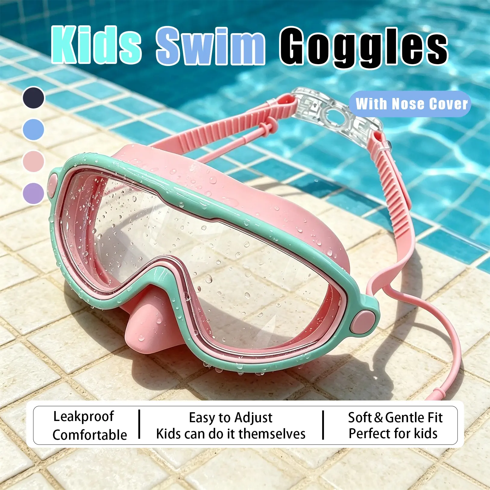 1 Piece Sets Kids Swim Goggles with Full-Rim Frame,Nose Cover,UV Protection,Wide View,Anti-Fog Lenses,Durable Anti-Shattered Lens for 3-14+ Boys and Girls-Outdoor,Beach Use ,Swimming,Goggles,Beach,Lake,Summer Party,Pool party.