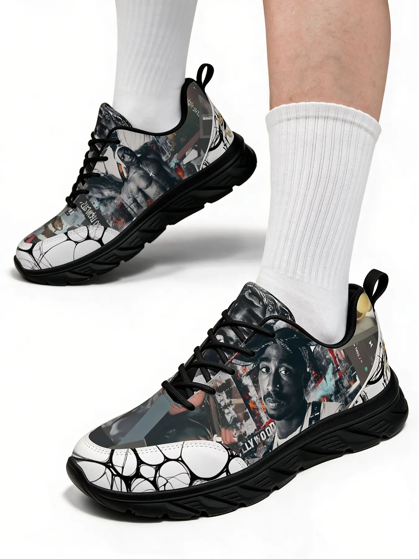 Exclusive Unique Rapper Print America Street Style Men'S Lace Up Running Shoes Non-Slip Wear-Resistant Retro Music Figure Design Lightweight Streetwear Casual Trainers Versatile For Daily Outings Sports Shoes Running Sneakers