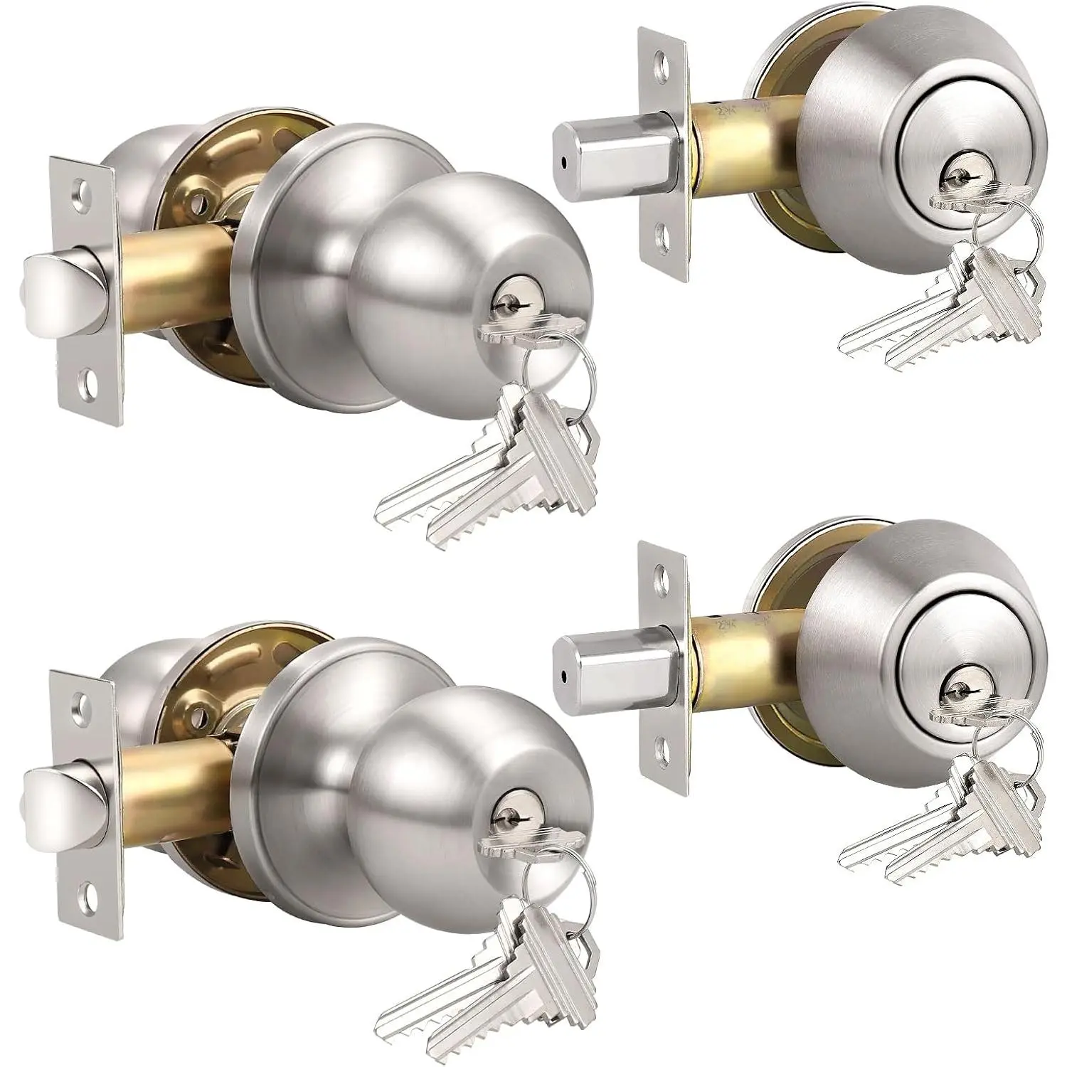 Keyed Alike Exterior Door Knob, Round Outdoor Lock with  Sided Deadbolt, Stainless Steel, Satin Nickel Door Knobs,  Door Handle Sets, 2 Pack