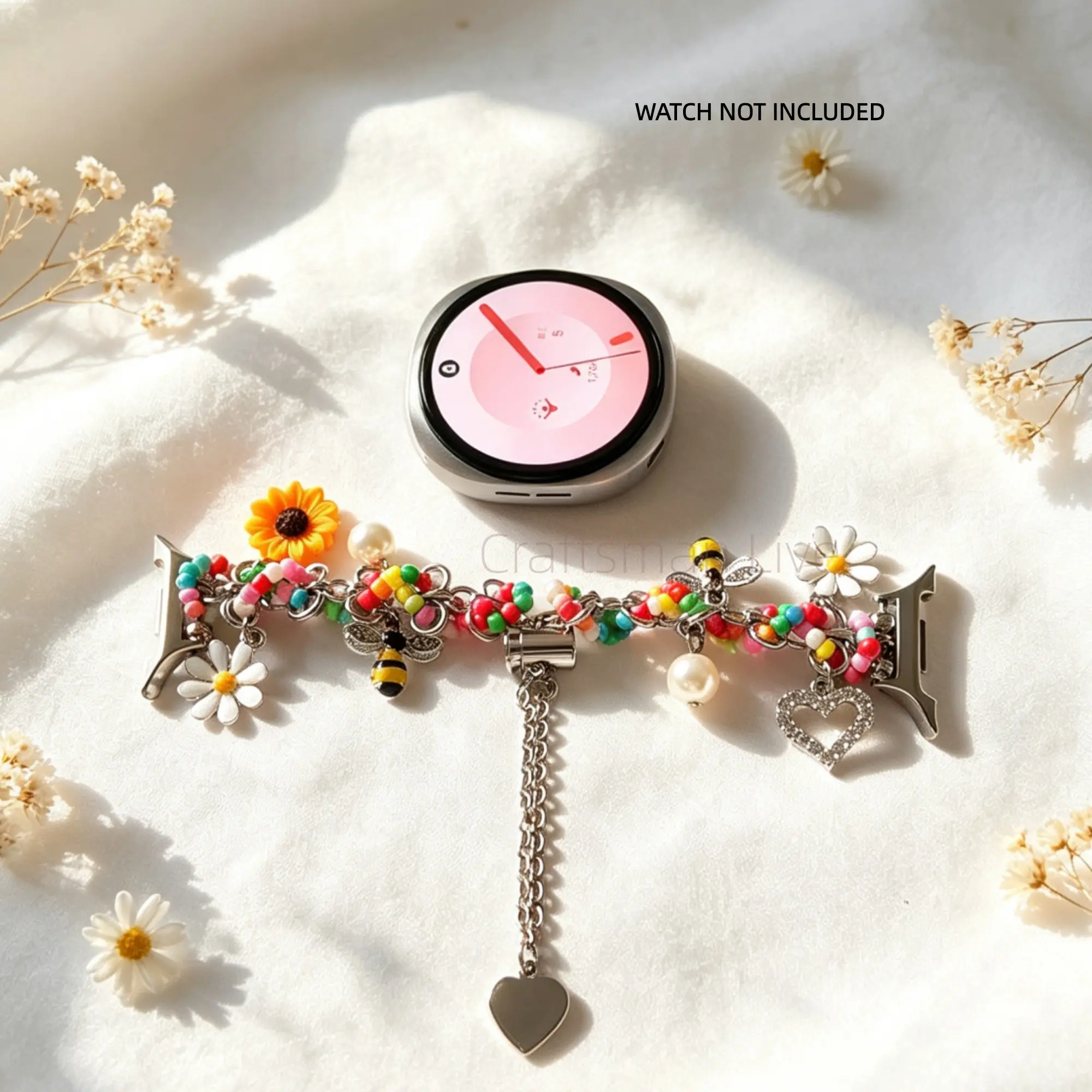 Metal Chain Flower Pendant Strap for Galaxy Watch 9/8/Classic 40/44/46mm Compatible | Luxury Chain Strap for Samsung Galaxy Watch 9 40mm 44mm/8 Classic 46mm, Women's Strap Love Pendant Replacement Strap Smartwatch Accessories