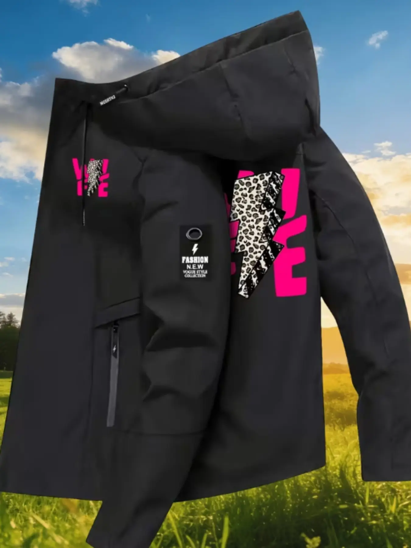 Women's Hooded Outdoor Jacket, Leopard Print Lightning Wife Graphic, Multi-Color Sporty Coat, Breathable and Durable, Casual Style