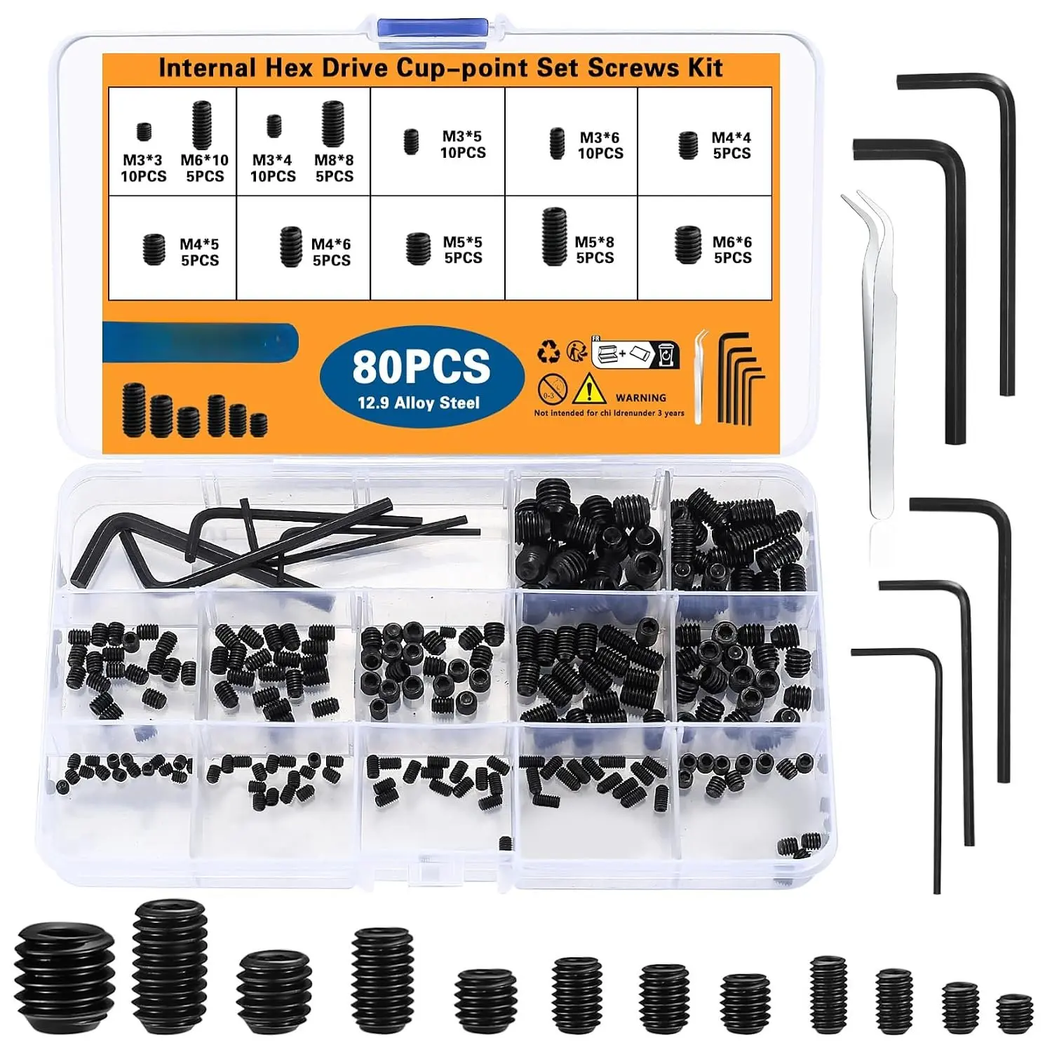80 count Allen  Screws, Hex Socket  Screws, Grub Screw Set, M3/M4/M5/M6/M8 Stainless Steel Internal Hex Drive Cup-Point Screw  Kit for Door Handles, Light Fixture(Black)