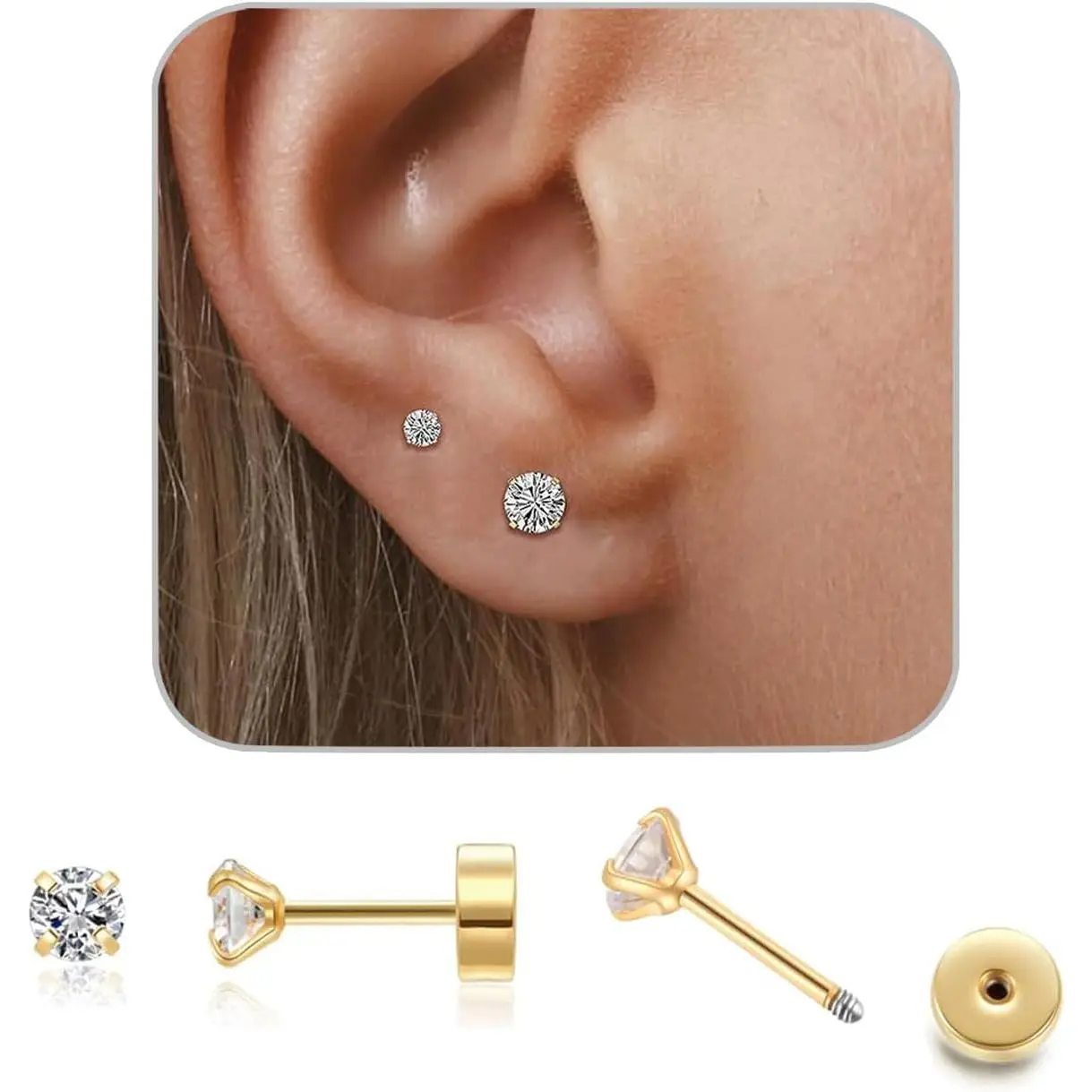 Stud Earrings Set, Flat  Earrings for Women 14K   Cartilage Earring 3/4/5mm CZ Cubic Zirconia Earrings Stud for Tragus Cartilage Earlobe   Women