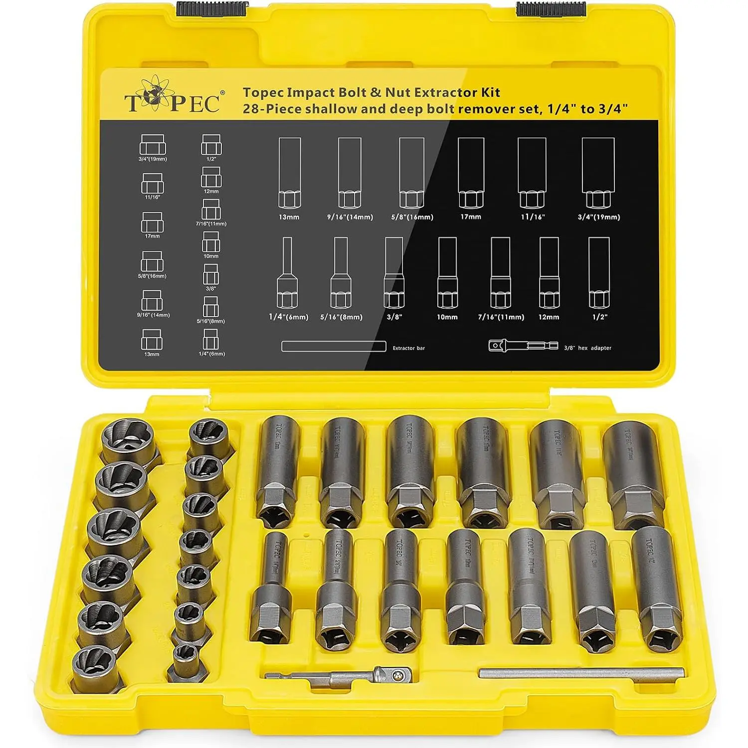 Deep Bolt Extractor Set 28PCS, 3/8" Drive Stud Remover kit| Plug Extractor Set, Lug Nut Removal Tool for Stripped, Broken, Rounded Lug Nut Stud Remove