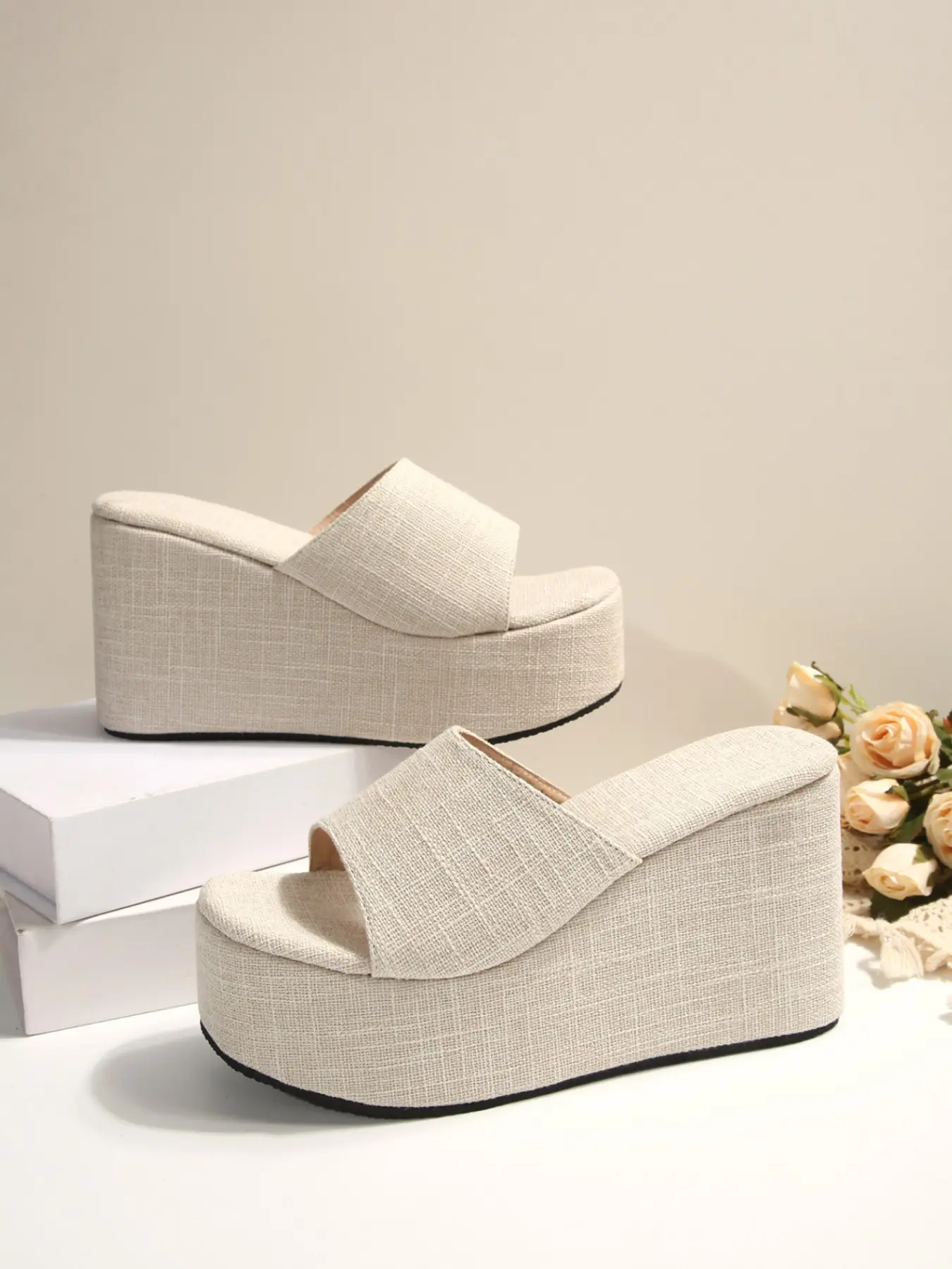Women's Beige Linen Textured Fabric Platform Wedge Slide Sandals Single Wide Strap Slip On Chunky Elevated Sole Minimalist Casual Summer Vacation Mules
