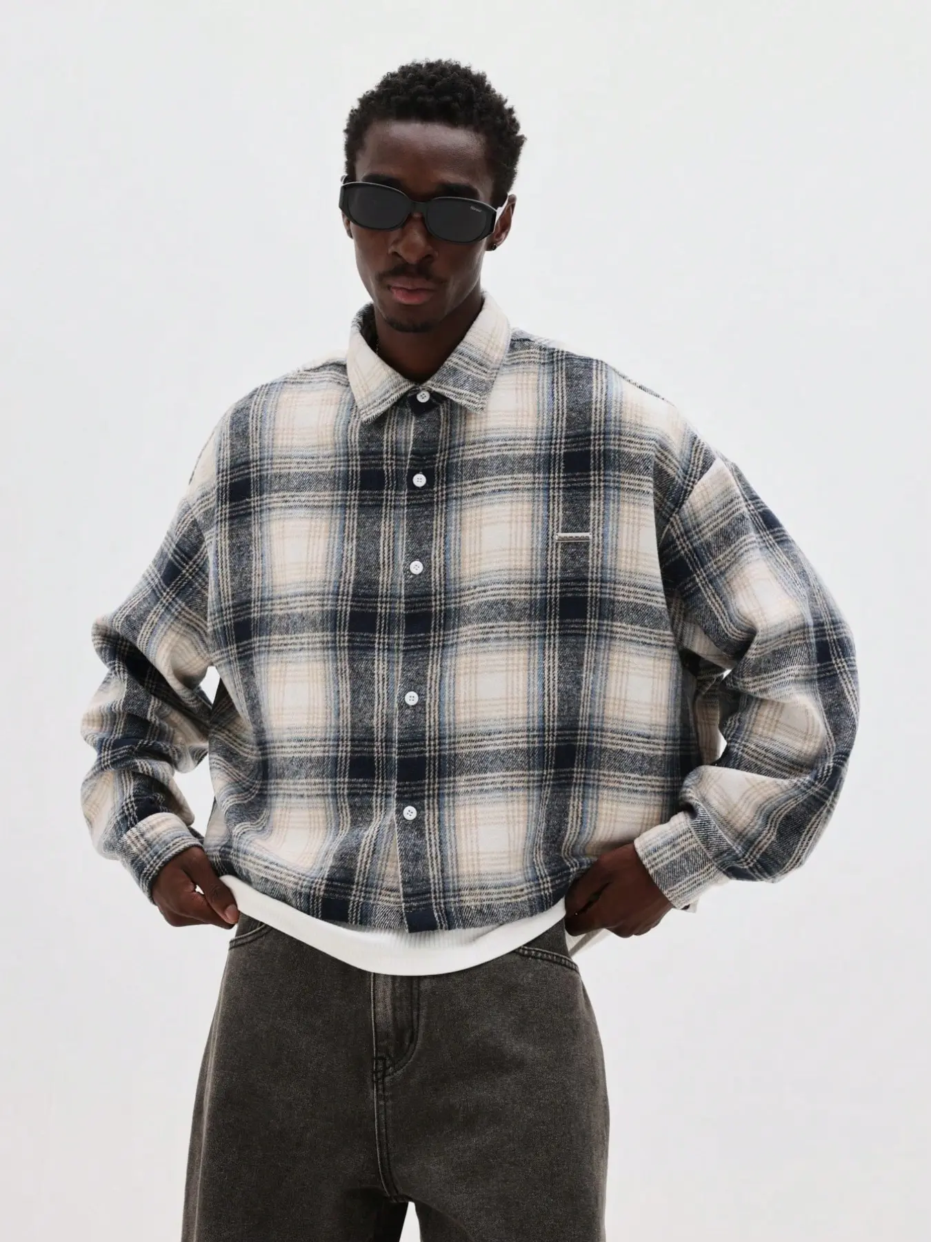 Men's Vintage Plaid Checked Drop Shoulder Cropped Thick Flannel Shirt | Button Front Long Sleeve Casual Top | Retro Winter Layering Shirt for Men