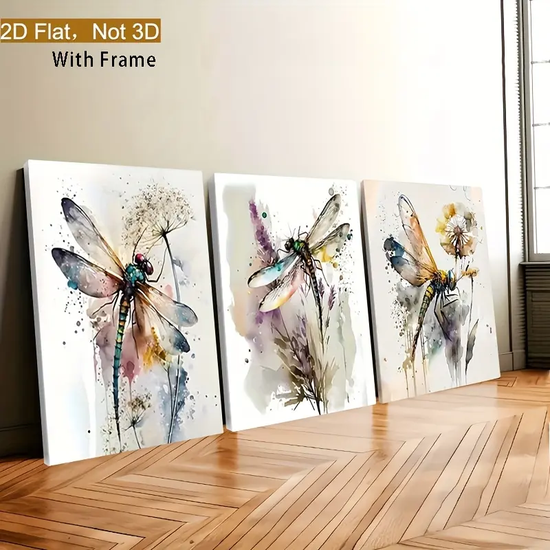 2D Flat, 2D Flat, Framed 2D Flat Wall Art Featuring Three Colorful Dragonflies, Insect Prints, Watercolor Dragonfly Paintings, And Floral Images, Perfect for Decorating Bathroom And Living Room Walls