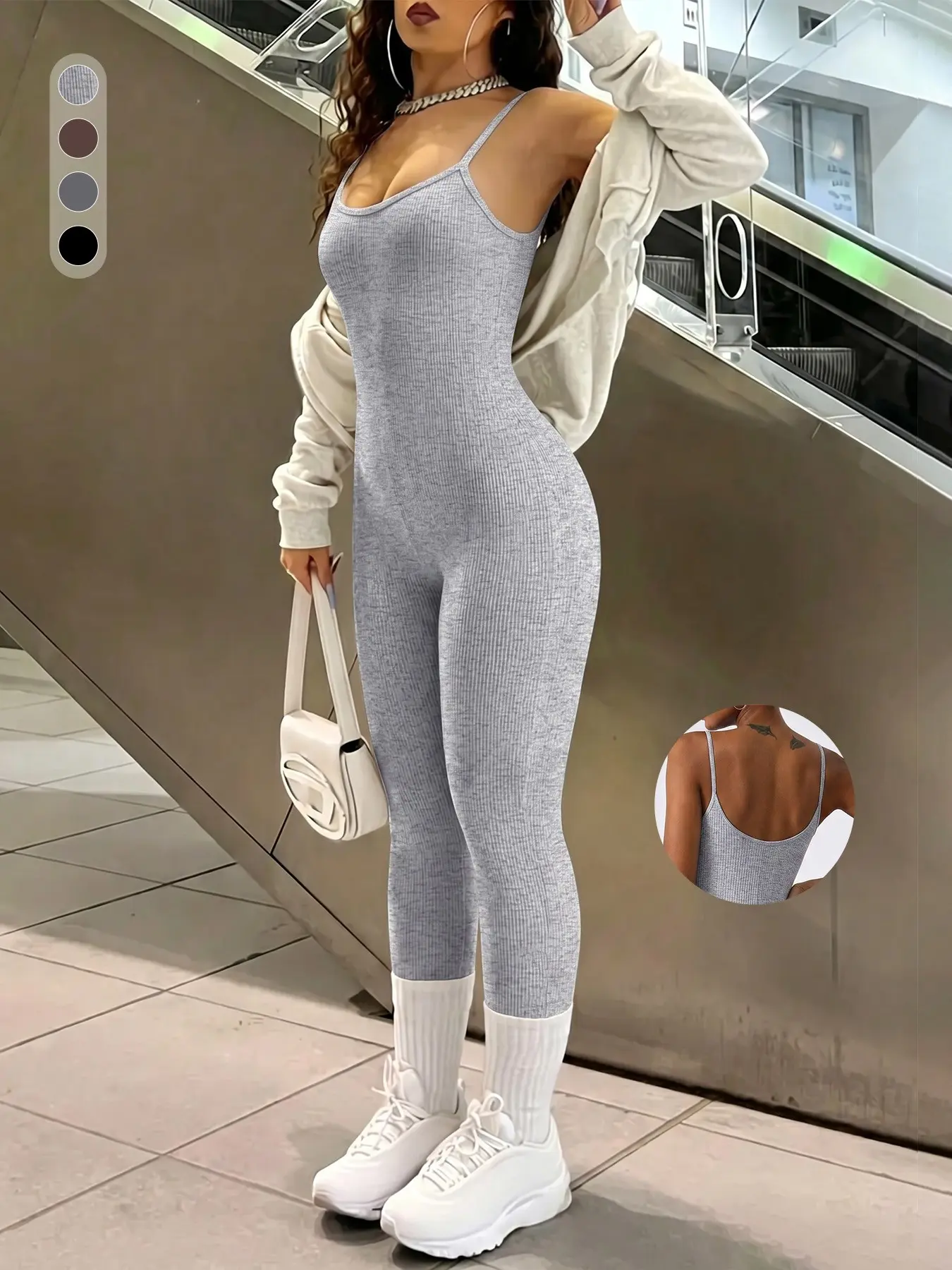 Women Spaghetti Strap Jumpsuit, U Back Sleeveless One-Piece Bodysuit, Slim Fit Athletic Workout Yoga Jumpsuit for Daily Streetwear