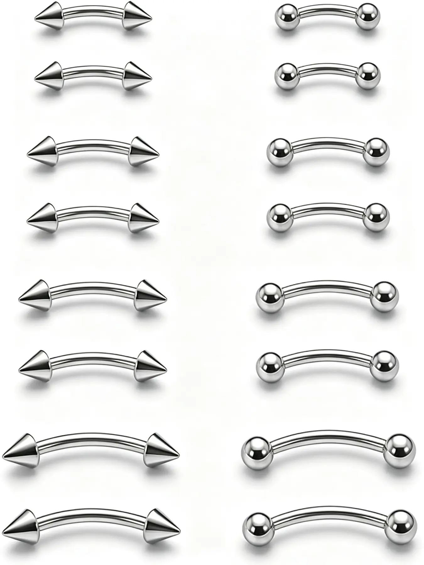 Surgical Steel Curved Barbell Piercing Jewelry Set, Hypoallergenic Reusable Spike & Ball End Curved Eyebrow Rings, Multi-Size Body Piercing Combo for Eyebrow Lip Nose Cartilage Ear