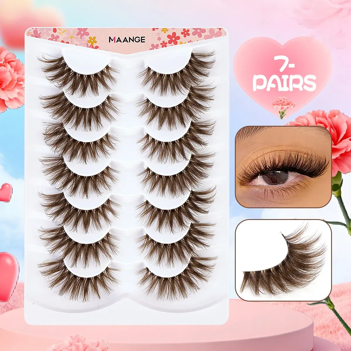 Maange 7 Pairs False Lashes, Natural Long C Curl, Reusable Lightweight, Invisible Band, Comfortable All Day, Warm
