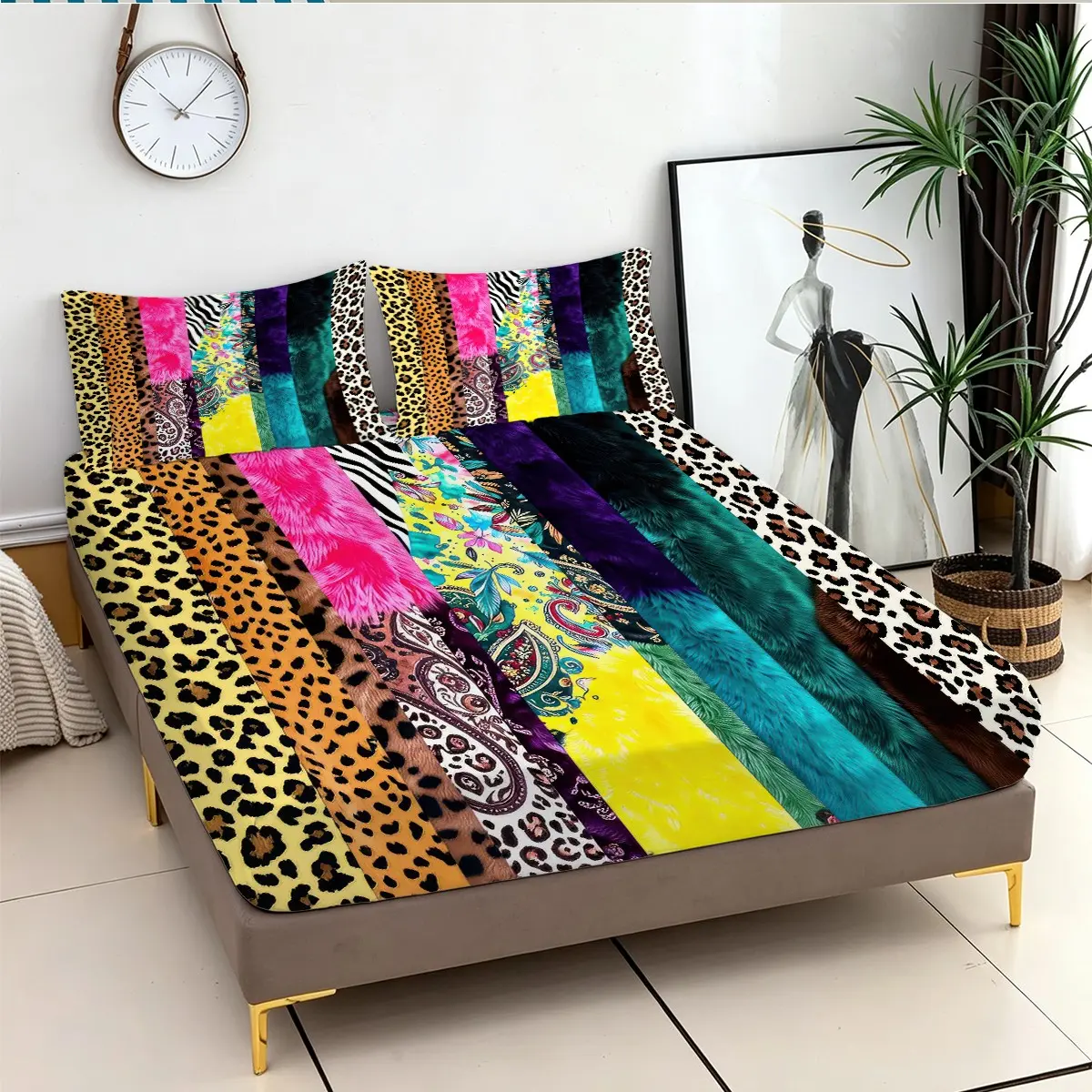 3 Piece High-Definition Digital Printing Fitted Sheet Set, Rainbow Mixed Leopard Print Faux Fur Floral Patchwork Print, Glam Bedding Set, (No Filling, 1 Fitted Sheet, 2 Pillowcases), Eclectic Themed Bed Linen for Dorm, Loft