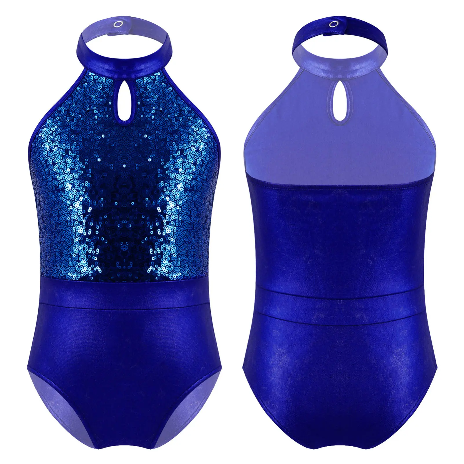 Kids Girls Sequins Ballet Dance Leotard Sleeveless Halter Neck Gymnastics Bodysuit