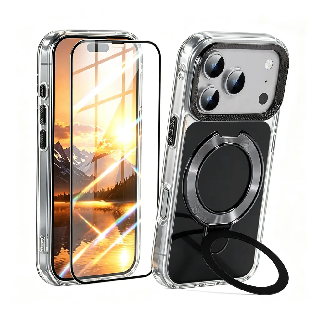 Luxury Invisible Stand Transparent Phone Case for iPhone17 Pro Max Shockproof Clear Bumper Back Cover Magnetic Wireless Charging 17Pro 17Promax Mobile Phone Cases for Men Women(1 Case+1 Screen Protector)