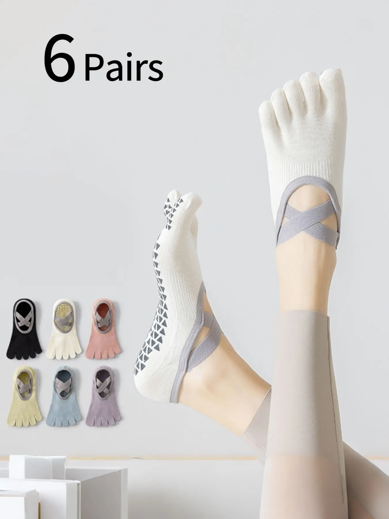 6 Pairs Women's Yoga Socks, Elastic Band Five Finger, Anti-Slip Dance Socks, Breathable, Antibacterial, Odor-Resistant, Sporty Style, Sports Socks