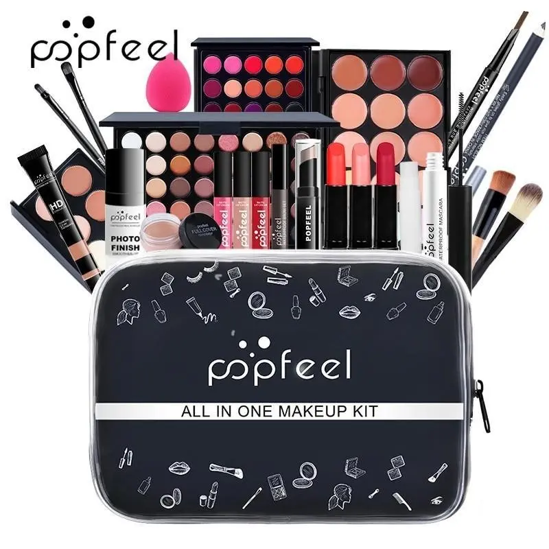 Popfeel Holiday Gift Cosmetic Makeup Set Eyeshadow Lip Gloss Lipstick Brow Gel Mascara Makeup Brush Concealer Bag Full Combo Kit Make up Sets Make up Kits