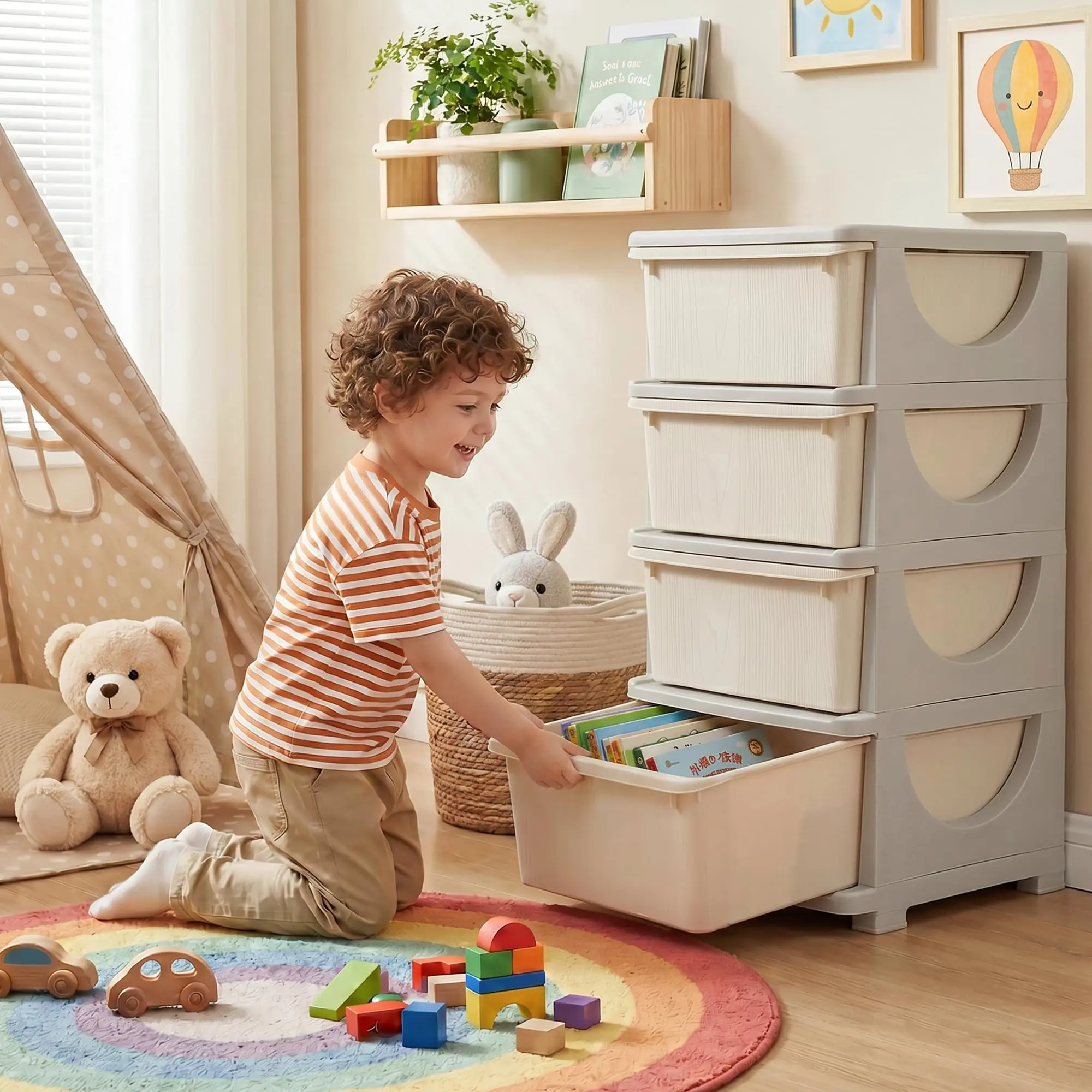 4-Tier Kids Storage Drawer Cabinet, 28.9" Toy Book Organizer with Smooth Rounded Corners, Safe Burr-Free Edges, Easy-Wipe PE Material for Bedroom Playroom