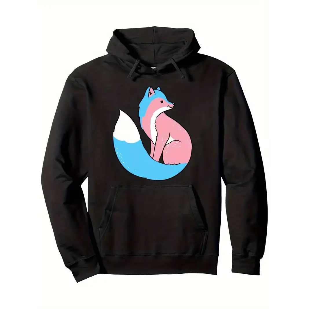 Cute Pink Blue Fox Graphic Oversized Hoodie, Fashion Cotton Outfit, Best Holiday Gift for Him Her Family Friends Lovers, Comfort Casual Pullover Hooded Sweatshirt
