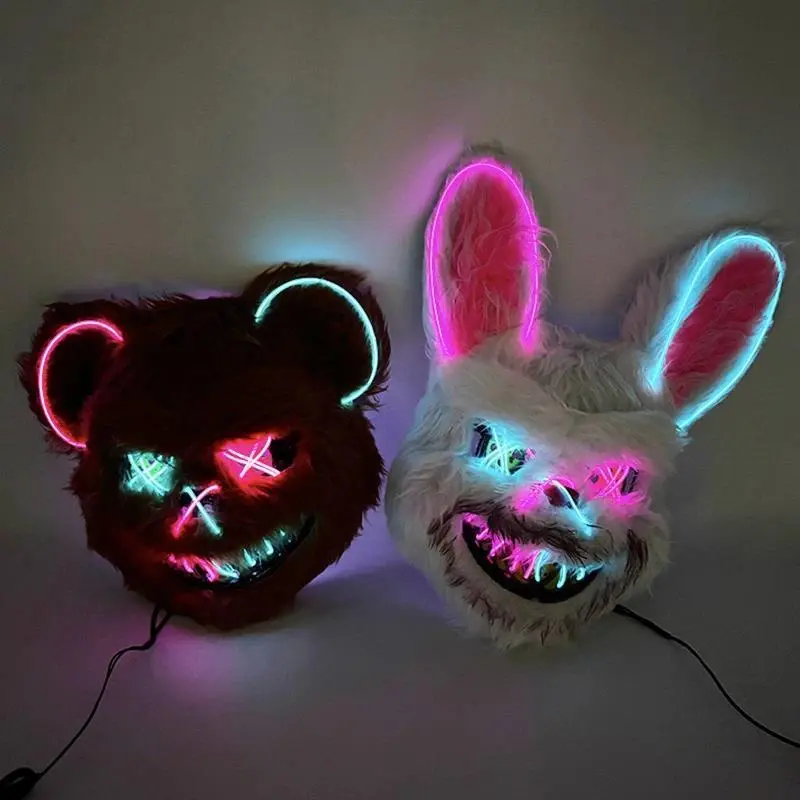 LED Bloody Rabbit Mask Glowing Killer Black Bear Mask Halloween Dance Party Cosplay Costume props Assassinated Plush Rabbit Mask