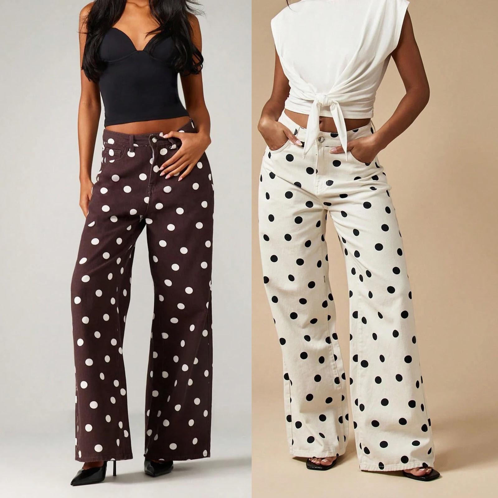 Women's Casual High-Waisted Stretch Polka Dot Wide Leg High Waisted Retro Style Jeans