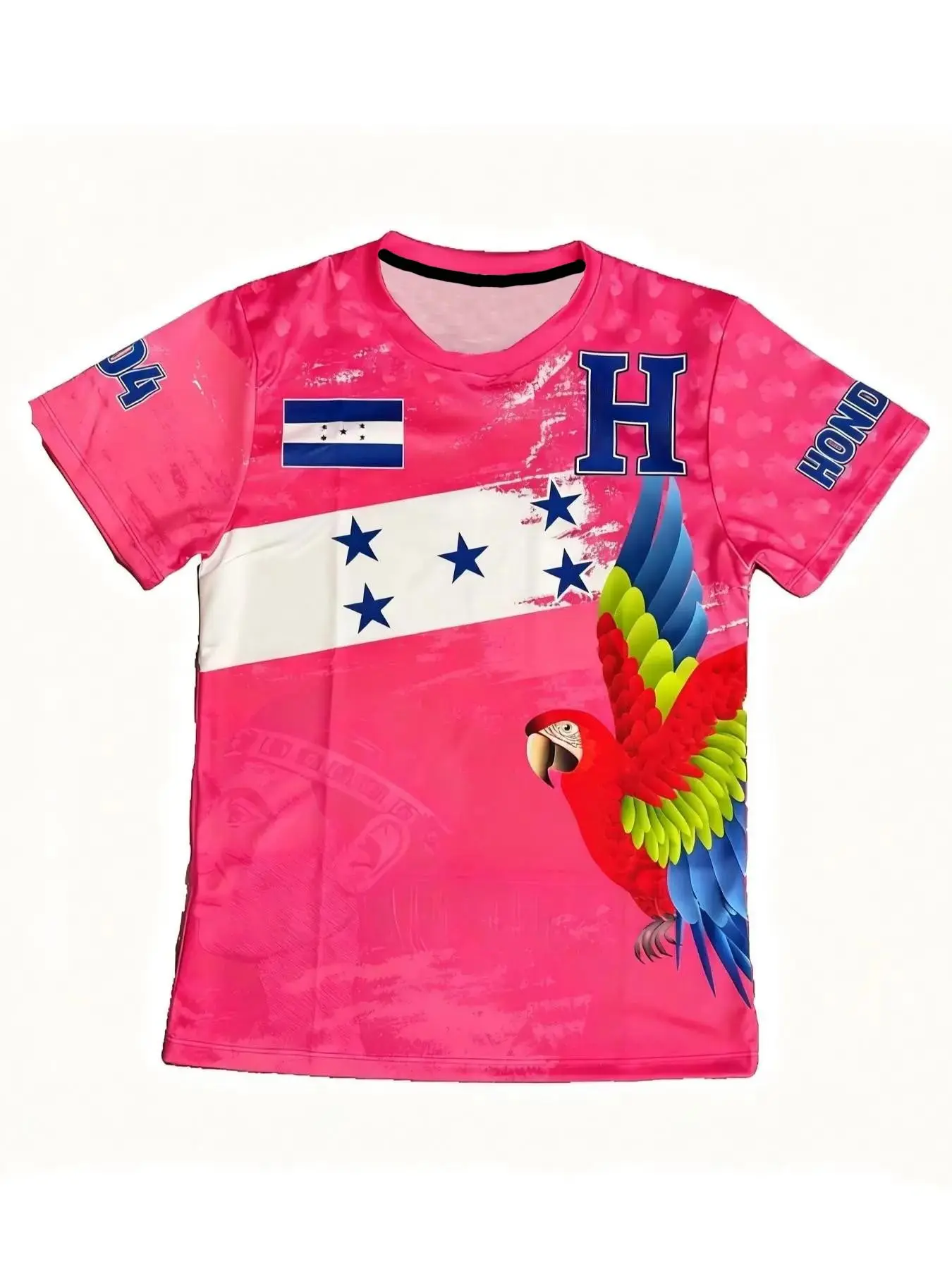 Honduran Style Short Sleeve T-Shirt, Parrot Print, Unisex Casual Round Neck Top, Breathable Summer Sports Shirt, Flag Design, Breathable Workout Top, Casual Workout Shirts, Casual Workout Tops