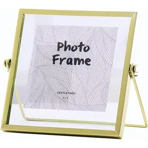 Floating Glass Frame - Hand-Made  Style Photo Collection, Metal Geometric Picture Frame, Double Glass Floating Desk Frame 4x4, Can Also Fit 5x5 Photo
