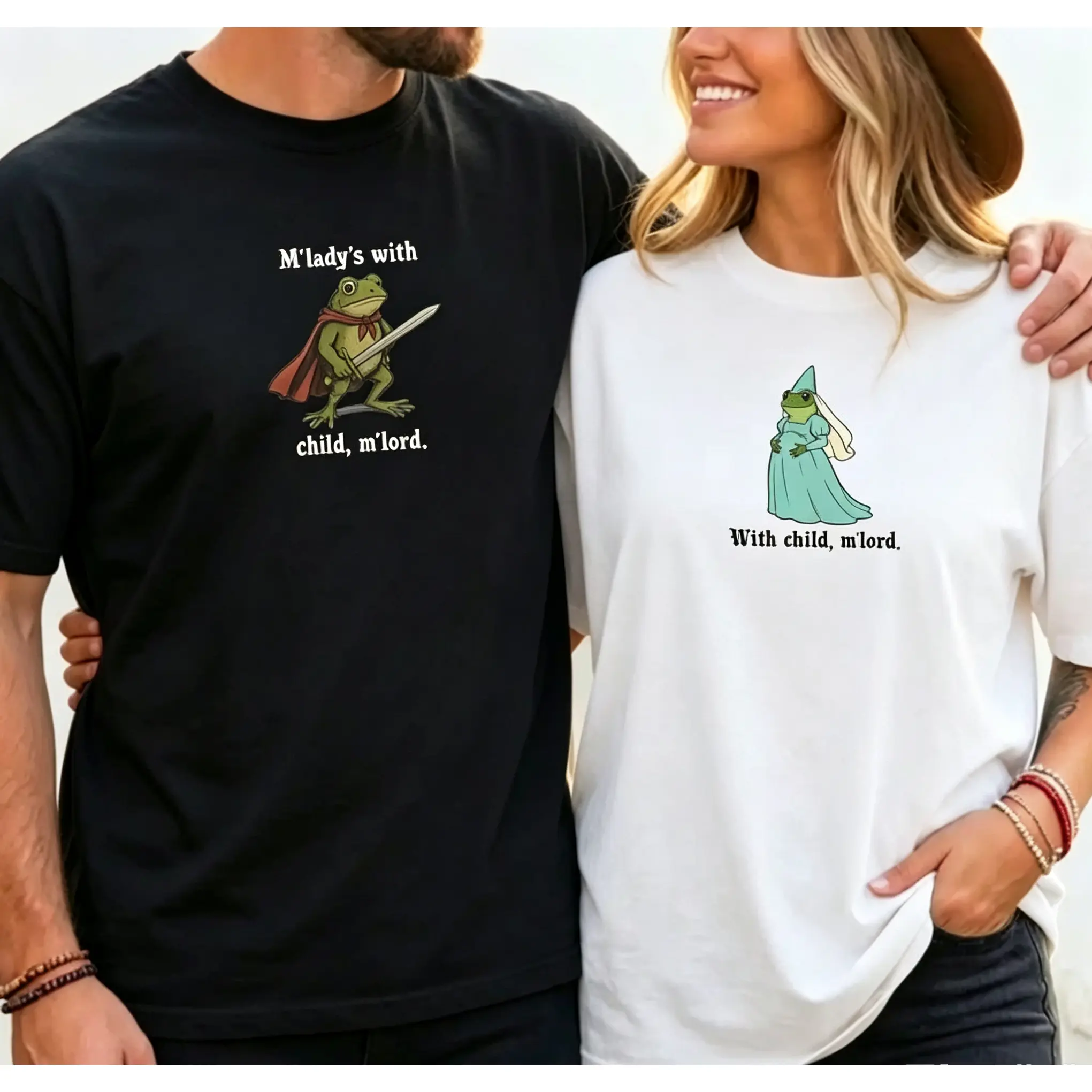 Funny Frog Motif Tshirt for Parents-To-Be, 'M'lord & M'lady's with Child' Pregnancy Theme Announcement Shirts, 100% Cotton Printed Graphic, Round Neck, Casual, Shortsleeve, Clothes