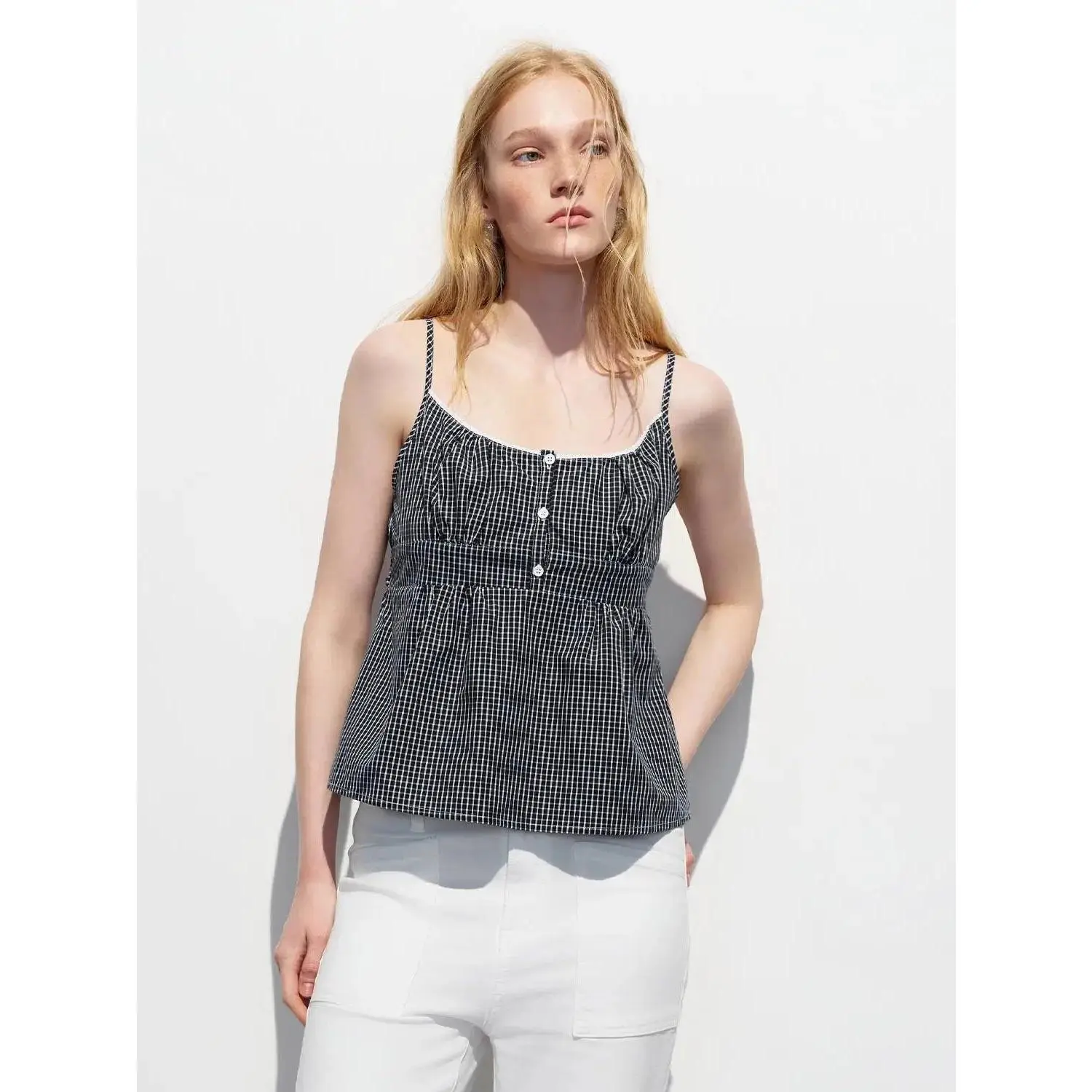URBAN REVIVO Cotton Gingham Check Button Front Tank Top, Denim, Bottoms, Fabric, Spaghetti Strap, Sleeveless, Drape, Thin, Casual, Soft, Women, Button Placket, Relaxed A-Line, Blue Checkered, Spaghetti Straps, Warm Weather, Casual Elegance, Fits