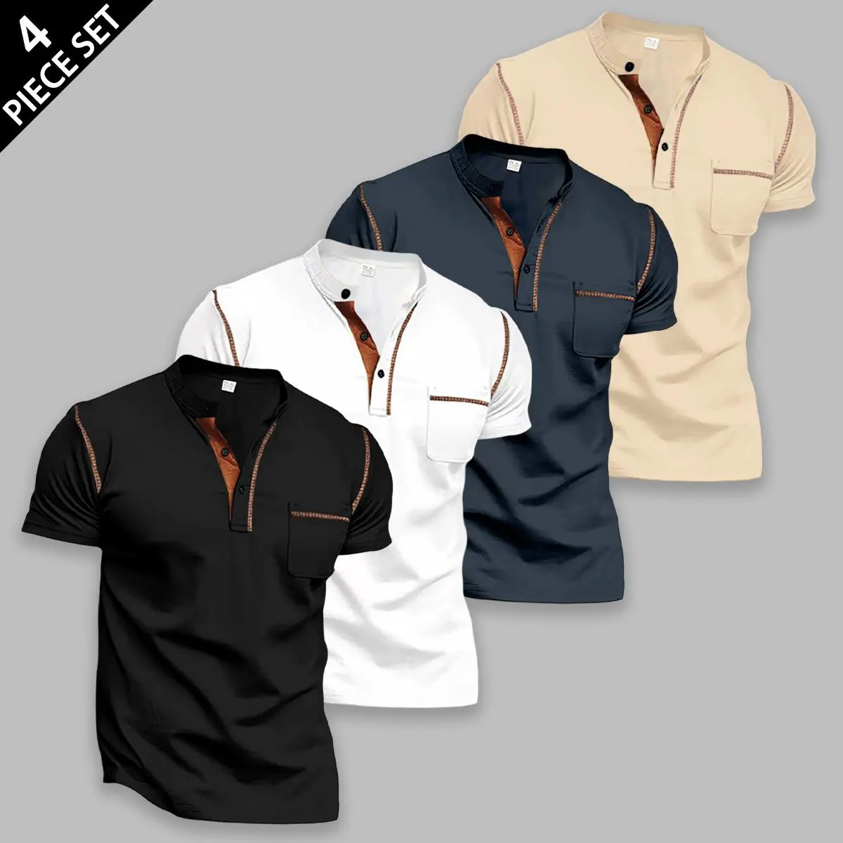 Menswear 4-Piece Slim Fit Short-Sleeve Henry Polo Shirts - Button Placket, Contrasting Stitching, Chest Pocket, Breathable Lightweight Polyester Plain Tops, Machine Washable for Commuting, Leisure, 4-Piece Set 1, Shortsleeve, Mens Clothing, Fashion Clothi