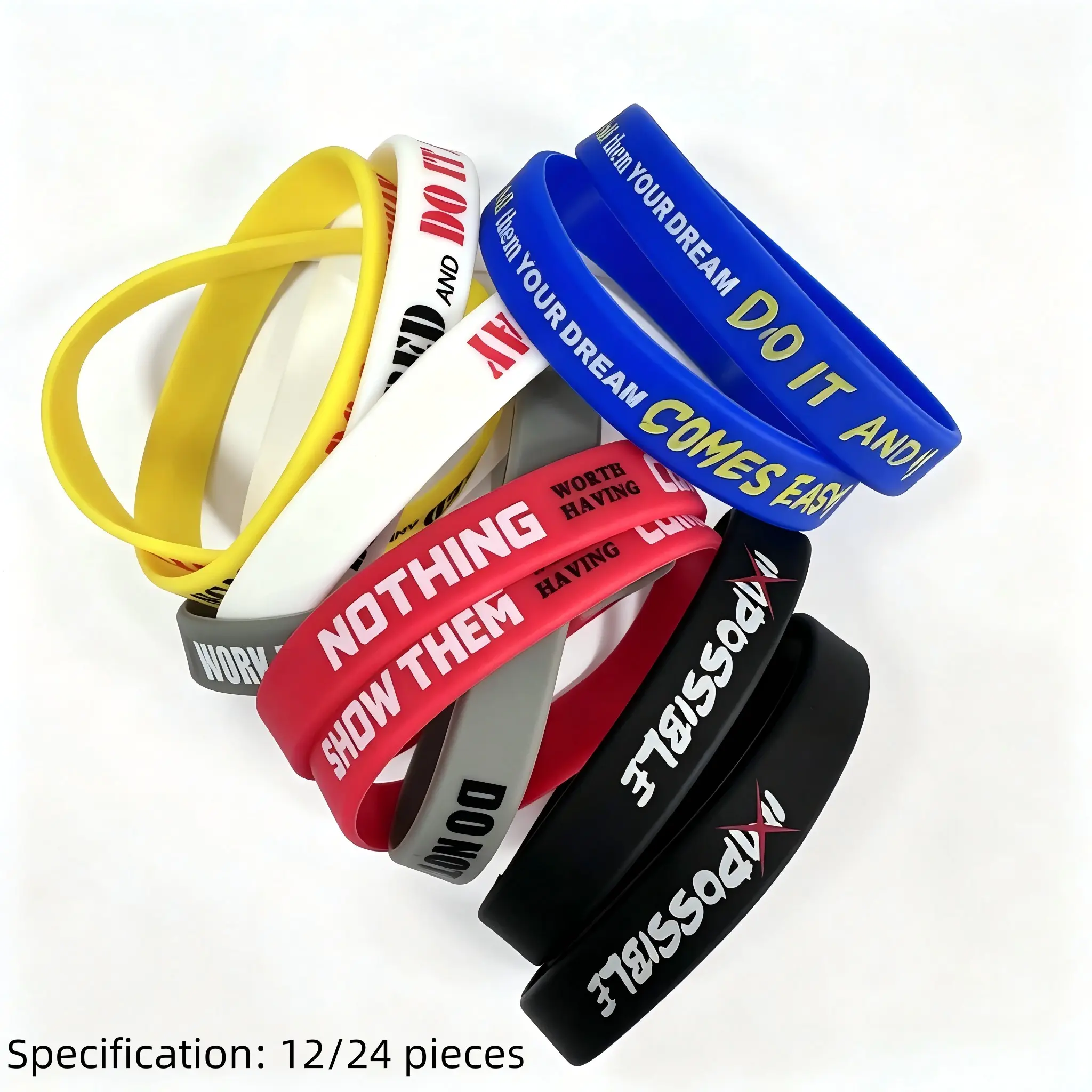 12/24pcs Motivational Silicone Wristbands, Inspirational Encouragement Bracelet Bundle, Inspirational Quote Bands for Men & Women, Durable Silicone Material