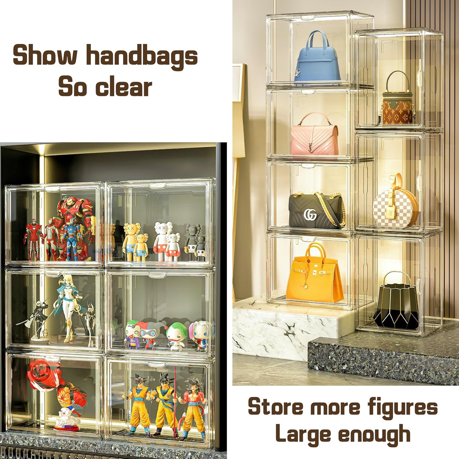 Clear Stackable Plastic Storage Bins with Lid,  Book   Display Cases with  Door, Large Figures Collectibles Showcase