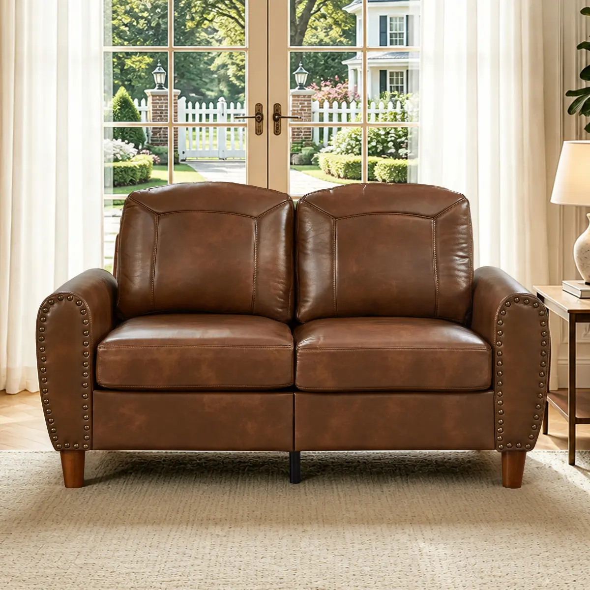 [Bellemave] Classic Living Room Sofa Faux Leather Couch,Rolled Arm Sofa with Nails,Solid Wood Legs,Upholstered Breathable PU Leather