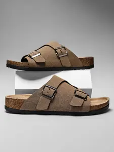 Men's Suede Double Adjustable Buckle Sandal Slides Cork Footbed Open Toe Flat Slippers Non-Slip Rubber Sole Casual Summer Beach Black Cork Sandals