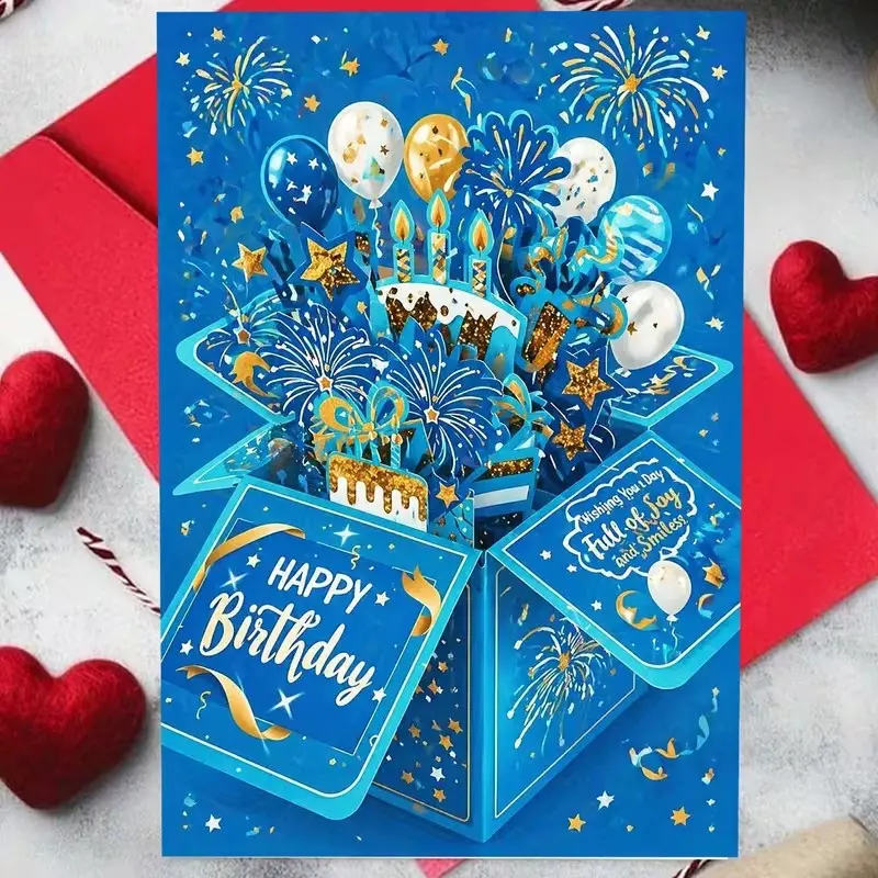 Blue Festival Birthday Flat Cake Balloon Fireworks Card, Happy Birthday Greeting Card with Envelope, Creative Birthday Celebrations