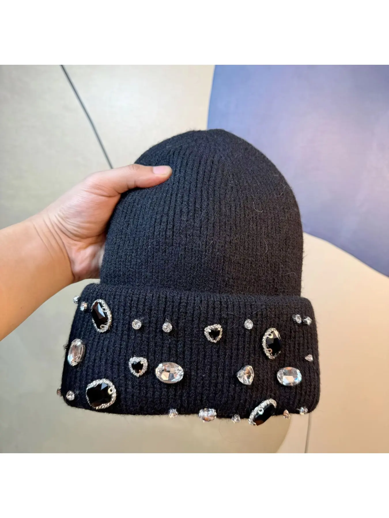 Women's Autumn and Winter Rabbit Hair Knitted Hat lady warm thick cozy beanie cap fashion rhineston solid casual Knitted hat