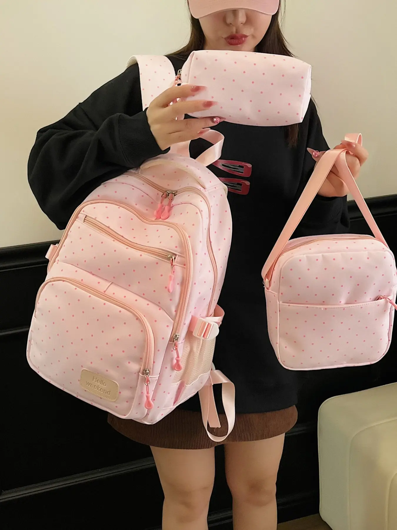 2026 New Three-Piece Pattern Backpack Set, Polka Dot Sweet Shoulder Bag, Large Capacity School Backpack for Girls, Cute Fresh Style