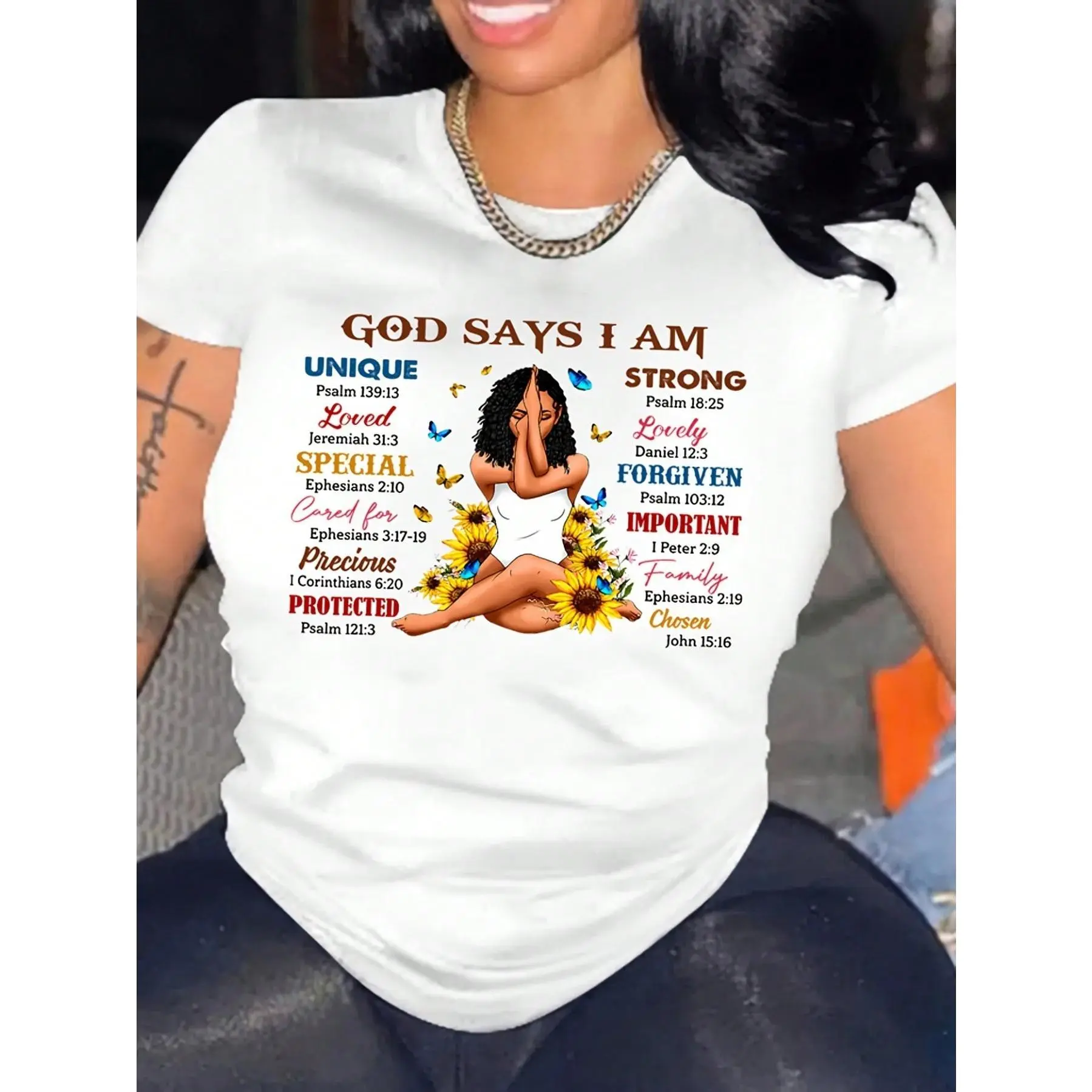 God Says I Am Strong-Letter Print Crew Neck T-Shirt, Casual Short Sleeve Top For Spring & Summer, Women's Clothing, 1 Piece, 200gsm, Polyester Knit Fabric With Round Neck