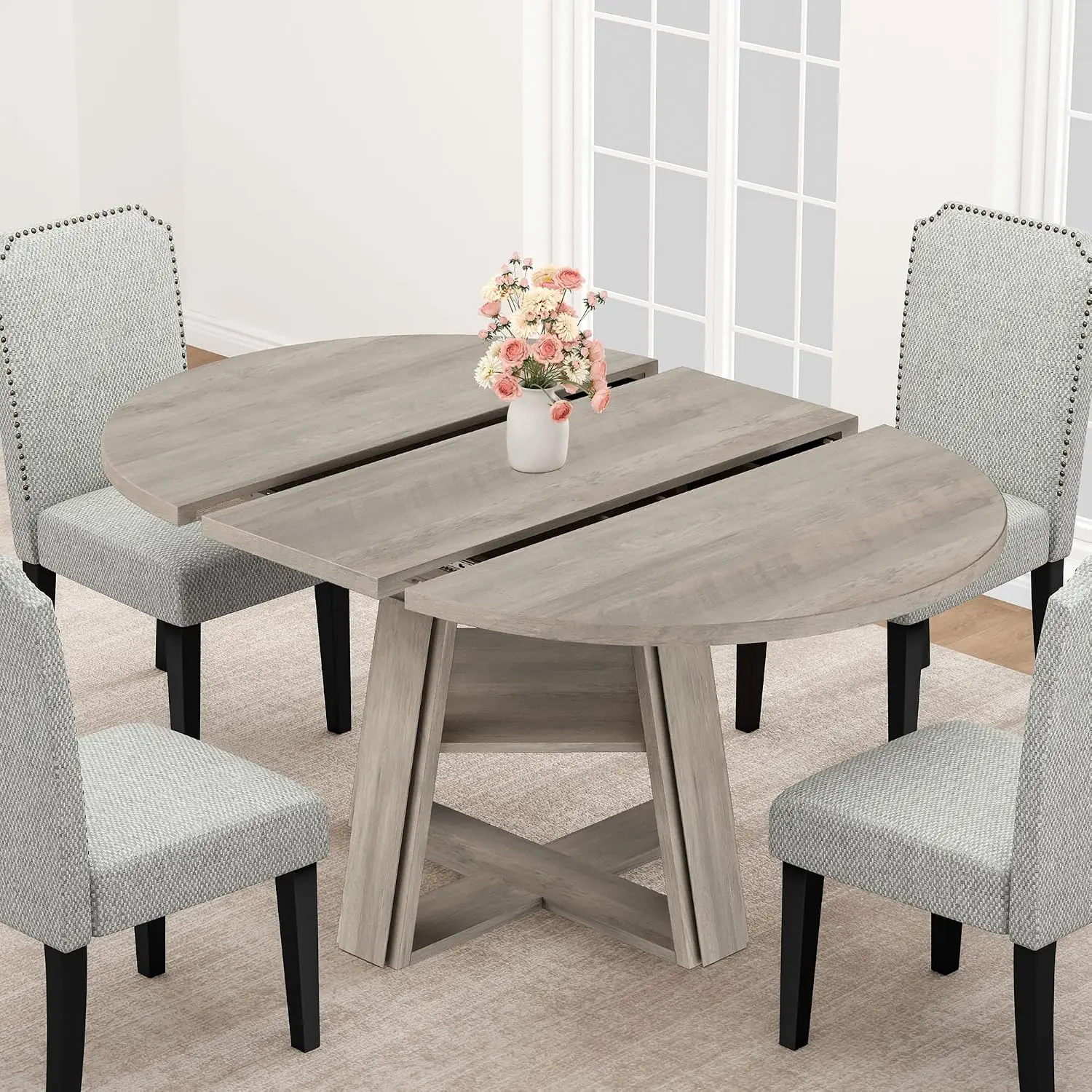 Extendable 43.3 Inch to 59.06 Inch Dining Table for 4-8, Round Expandable Oval Kitchen Table with Thick Tabletop&Pedestal Base and Storage Space