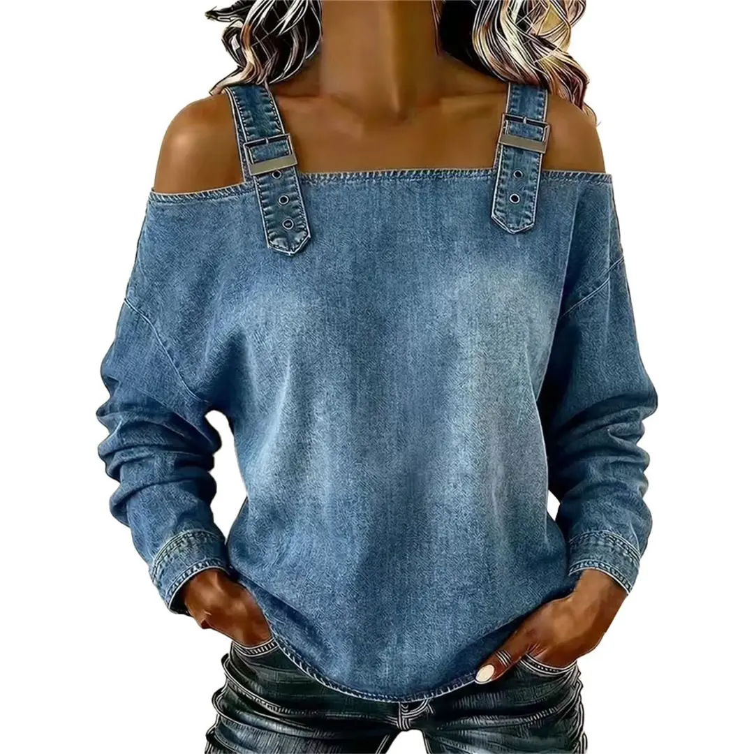 Long Sleeve Top Women's Spring and Autumn One-Word Tie Shoulder Strap Long Sleeve