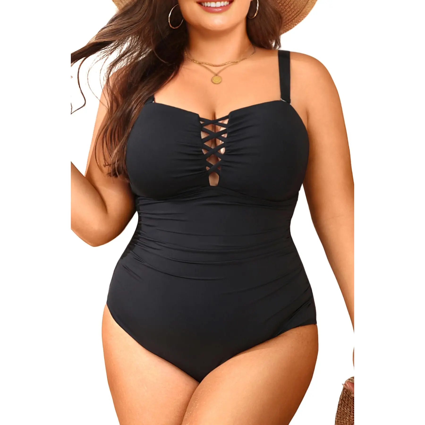 Daci Women Plus Size One Piece Swimsuit - Tummy Control Bathing Suits Ruched Lace up Swimwear Bandeau Retro Swimsuits