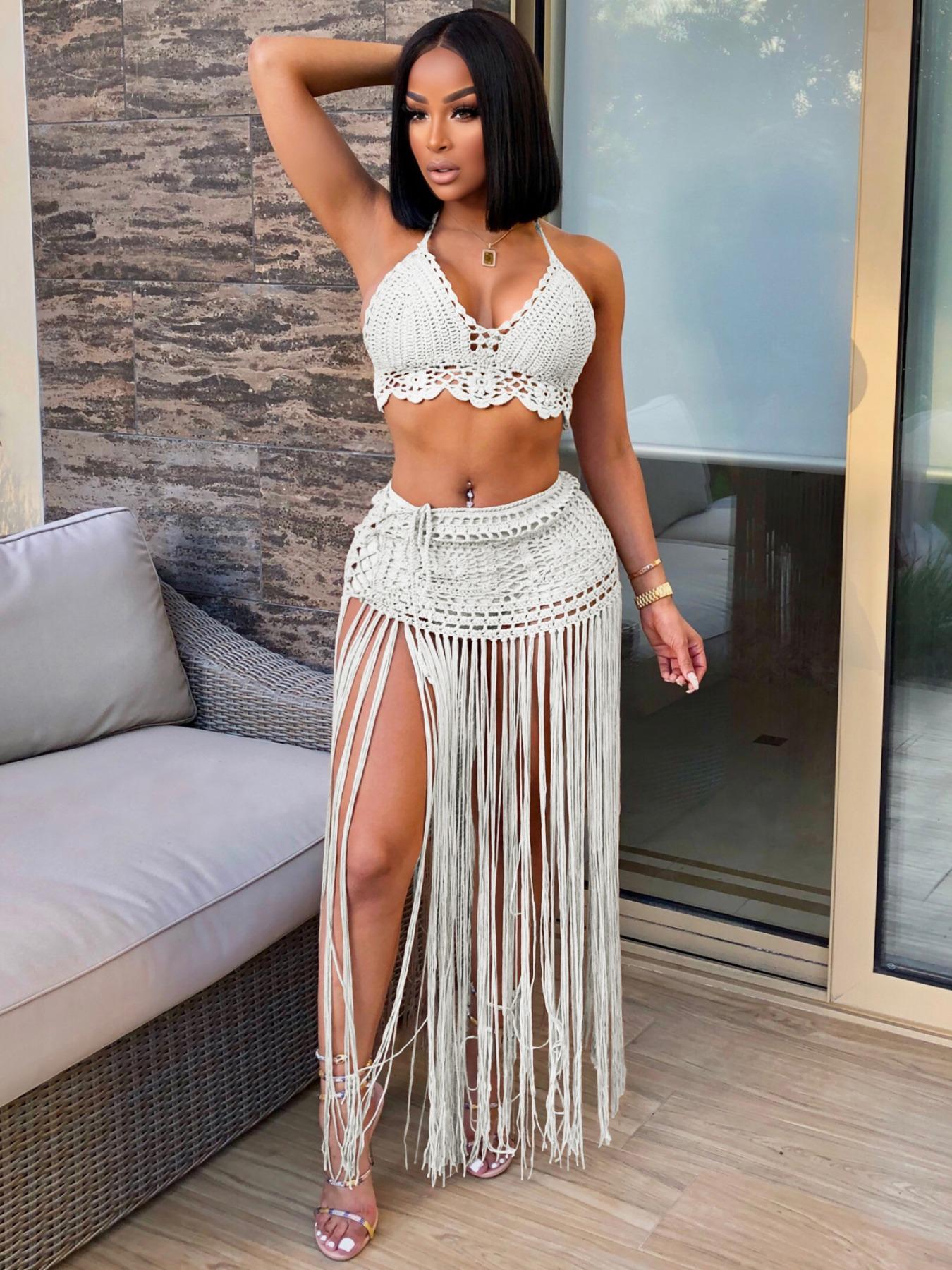 Two-piece Set Women's Halter Neck Crop Top & Fringe Trim Skirt, Casual Fashion Cozy Minimalist Knitwear Set for Daily Outdoor Wear, Ladies Clothes for All Seasons, Casual Matching Set, Suits, Cute Summer Outfit, Womenswear